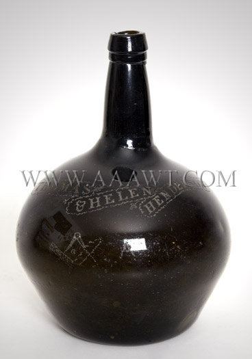 Large Engraved Black Glass Bottle, entire view